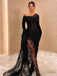 New Arrival Sexy Off the Shoulder Long Sleeves Mermaid Black Long Evening Prom Dress with Side Slit, OL404