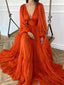 Gorgeous Long Sleeves V-neck Chiffon Orange Long Evening Prom Dress Online, OL408