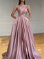 Gorgeous One Shoulder A-line Sleeveless Dusty Rose Evening Prom Dress with Side Slit, OL409