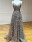 Elegant Spaghetti Straps V-neck A-line Applique Tulle Long Evening Prom Dress, OL414