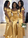 Simple Gold Off the Shoulder Mermaid Satin Long Bridesmaid Dresses with Side Slit, BG166