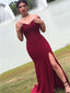 Elegant Off the Shoulder Mermaid Applique Side Slit Jersey Burgundy Long Evening Prom Dress Online, OL419