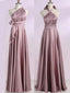 Dusty Rose Satin Sleeveless A-line One Shoulder Halter Long Evening Prom Dress Online, OL422