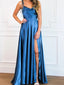 Simple Spaghetti Straps Sleeveless A-line Ocean Blue Long Evening Prom Dress with Side Slit, OL440