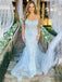 Elegant Spaghetti Straps Mermaid Tulle Applique Sky Blue Long Evening Prom Dress, OL441