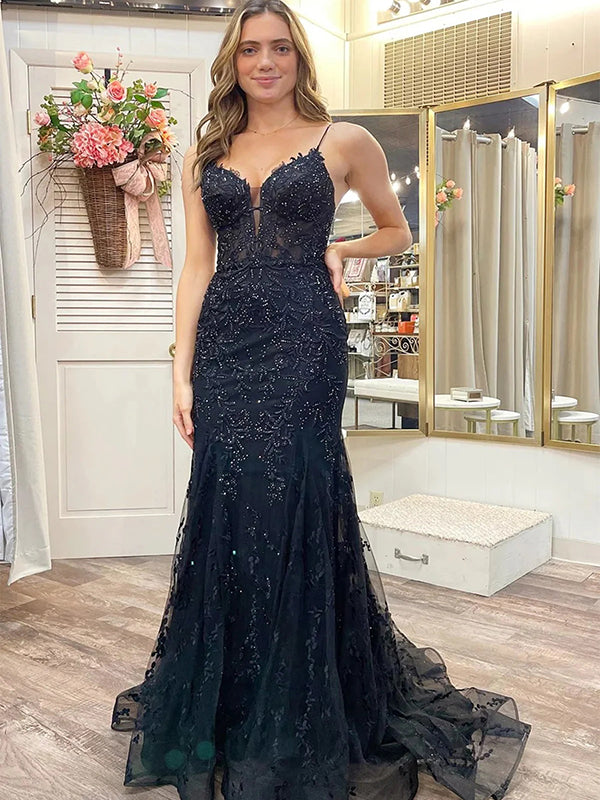 Elegant Spaghetti Straps V-neck Mermaid Tulle Applique Black Long Evening Prom Dress, OL442
