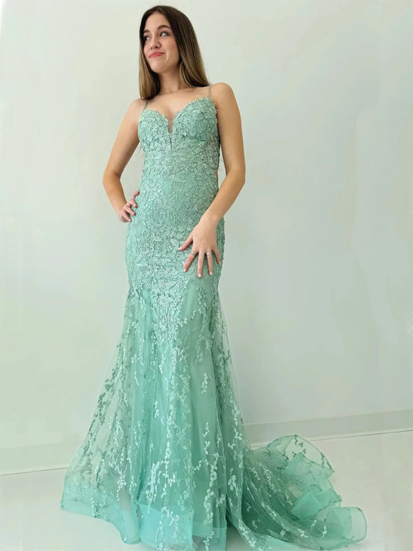 Charming Spaghetti Straps V-neck Mermaid Tulle Applique Mint Green Long Evening Prom Dress, OL443