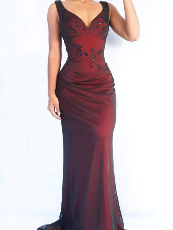 New Mermaid V-neck Vintage Black Red Long Evening Prom Dress Online, OL447