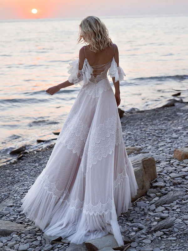 Elegant Spaghetti Straps Off the Shoulder A-line Tulle Wedding Dresses Online,WD786