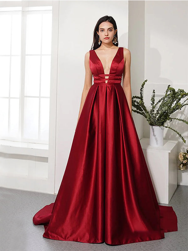 Elegant Red Deep V-neck Sleeveless Long Satin Prom Dresses Online, OL342