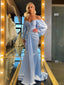 Elegant Off the Shoulder Long Sleeves Mermaid Sky Blue Long Satin Prom Dresses Online, OL344