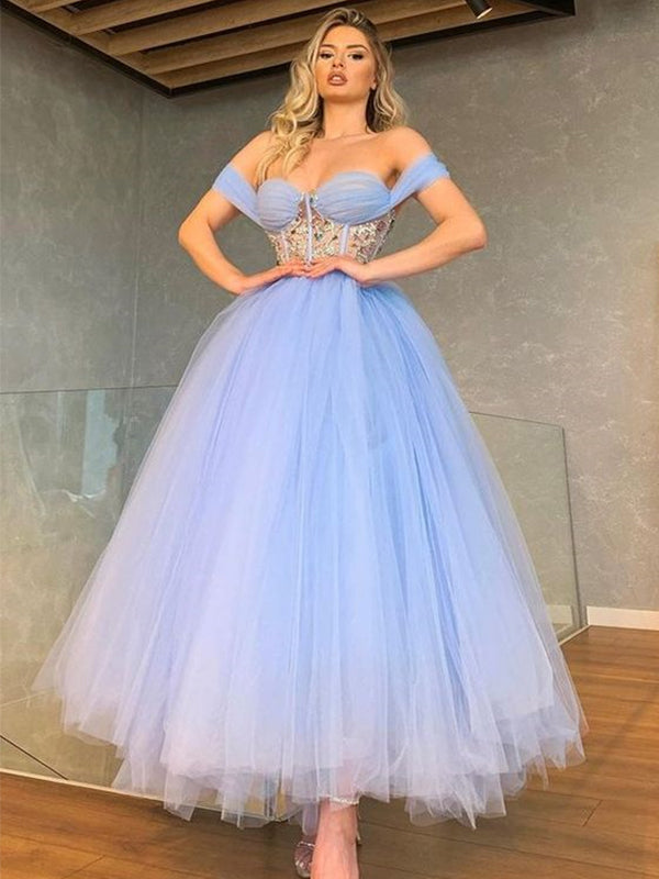 Gorgeous Off the Shoulder Sweetheart A-line Tulle Prom Dresses, OL346