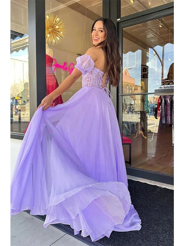Chic Sweetheart A-line Chiffon Lilac Long Prom Dresses with Bubble Sleeves, OL348