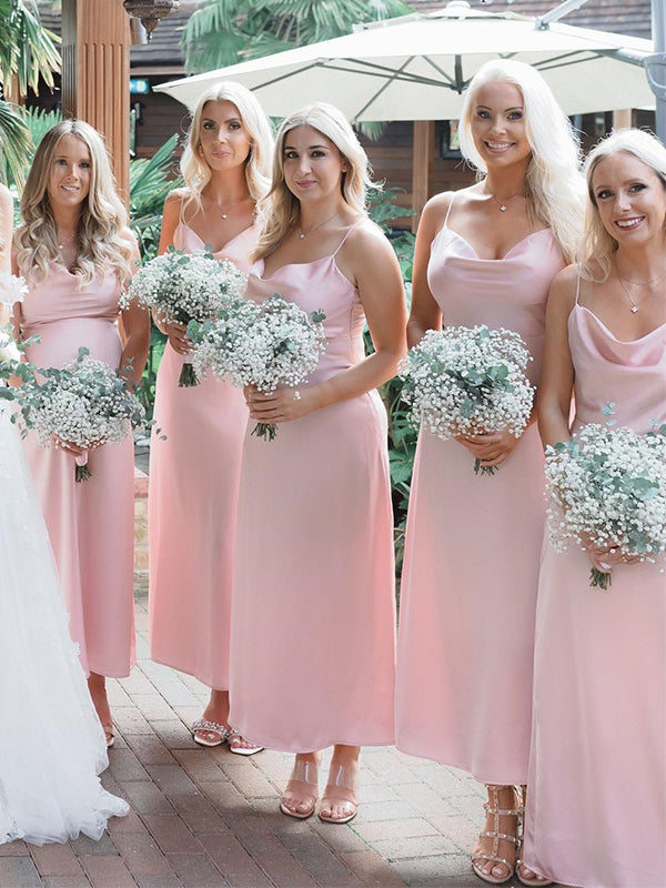 Elegant Spaghetti Straps Column Pink Bridesmaid Dresses Online, BG144