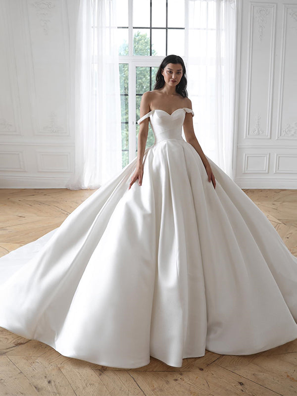 Elegant Off the Shoulder A-line White Satin Wedding Dresses,WD798