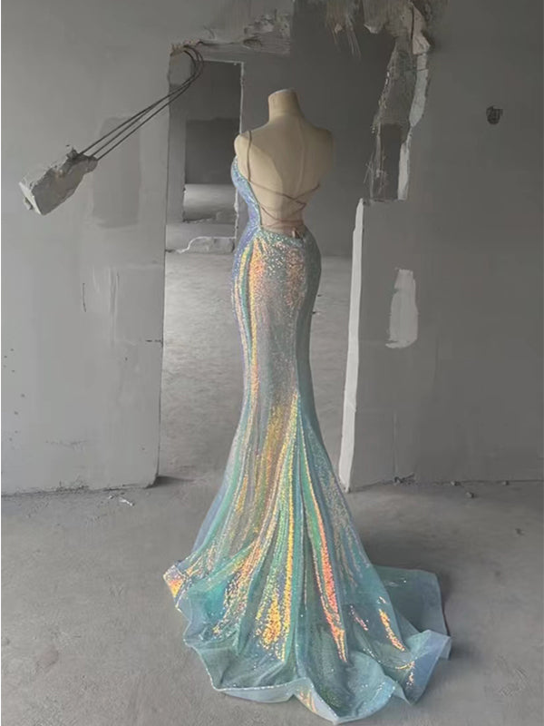 Sparkly Spaghetti Straps Mermaid V-neck Long Prom Dresses Online, OL353