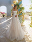 Elegant Long Sleeves A-line Applique Tulle White Wedding Dresses,WD800