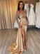 Elegant Mermaid Long Sleeves Sequins Long Champagne Satin Prom Dresses with Side Slit, OL357