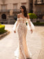 Elegant Long Sleeves Off Shoulder Mermaid Applique Tulle White Wedding Dresses,WD804
