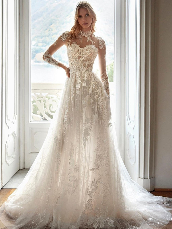 Elegant Long Sleeves Illusion A-line Applique Tulle White Wedding Dresses,WD807