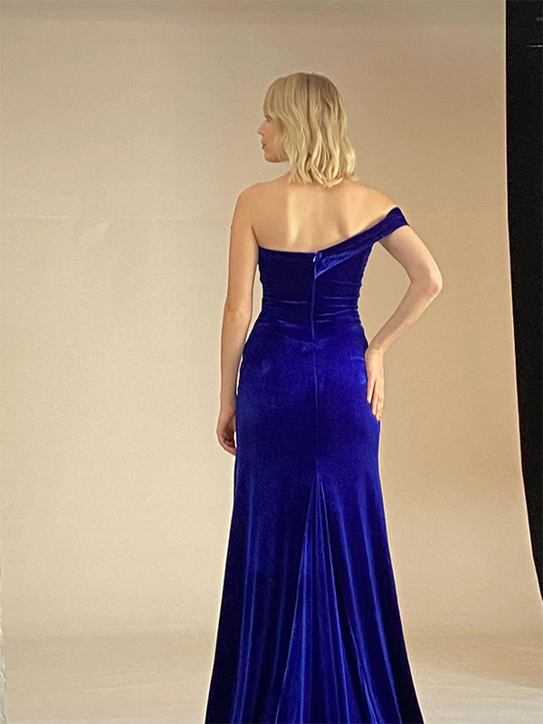 Elegant One Off Shoulder Mermaid Side Slit Velvet Prom Dresses Online, OL362