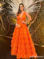 Popular Sexy Orange A-line Ruffles V-neck Evening Prom Dress,OL490