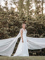 Elegant V-neck A-line Backless Tulle Satin Long White Wedding Dresses,WD809