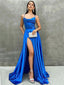 Elegant Spaghetti Straps Royal Blue A-line Long Prom Dresses with Side Slit, OL373