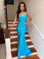 Elegant Spaghetti Straps V-neck Mermaid Blue Long Prom Dresses with Side Slit, OL378