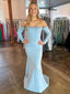 Elegant Long Sleeves Straight Neck Mermaid Light Blue Long Prom Dresses Online, OL379
