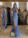 Sexy Spaghetti Straps V-neck Mermaid Dusty Blue Long Prom Dresses with Side Slit, OL385