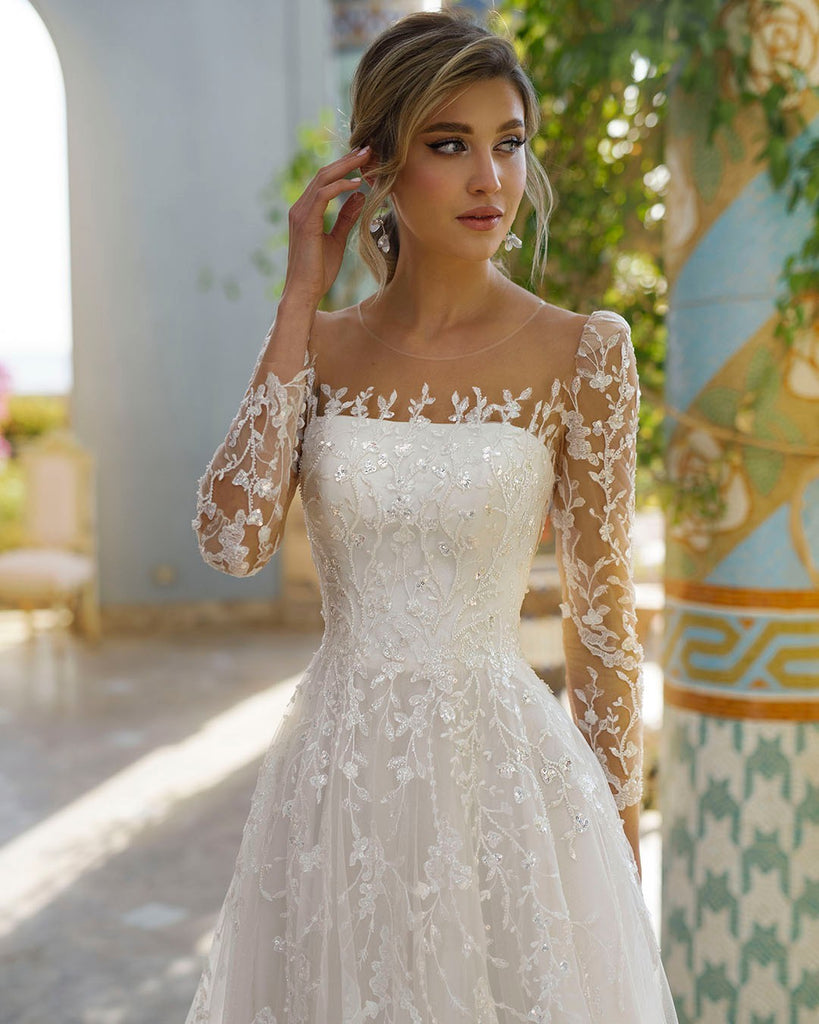 Elegant Long Sleeves A-line Applique Tulle White Wedding Dresses,WD800