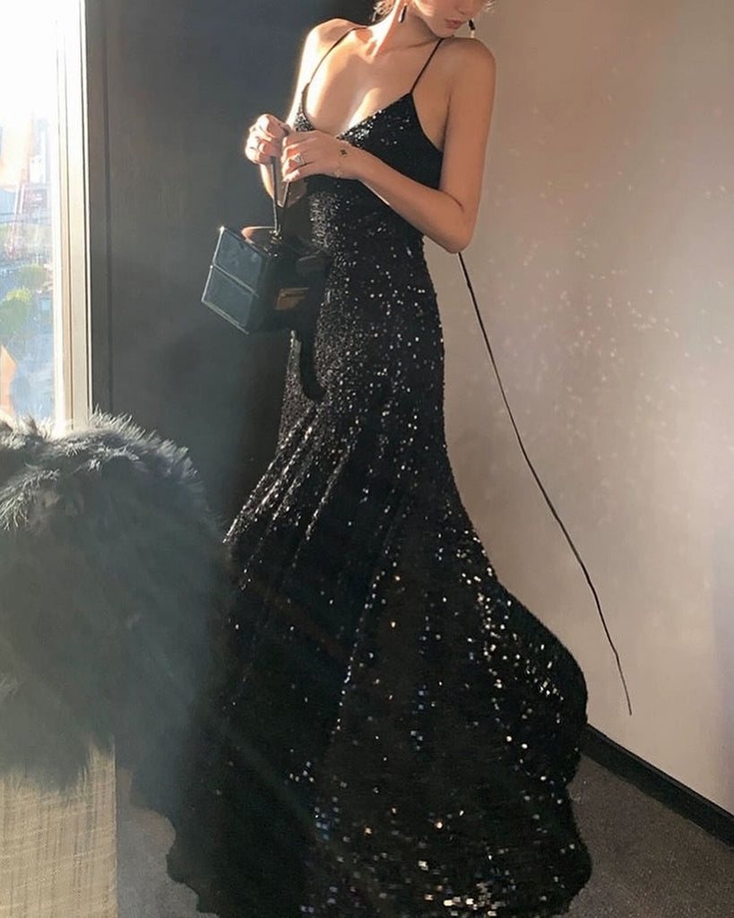 Sparkly A-line Spaghetti Straps V-neck Sequins Long Black Prom Dresses Online, OL358