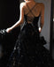Sparkly A-line Spaghetti Straps V-neck Sequins Long Black Prom Dresses Online, OL358