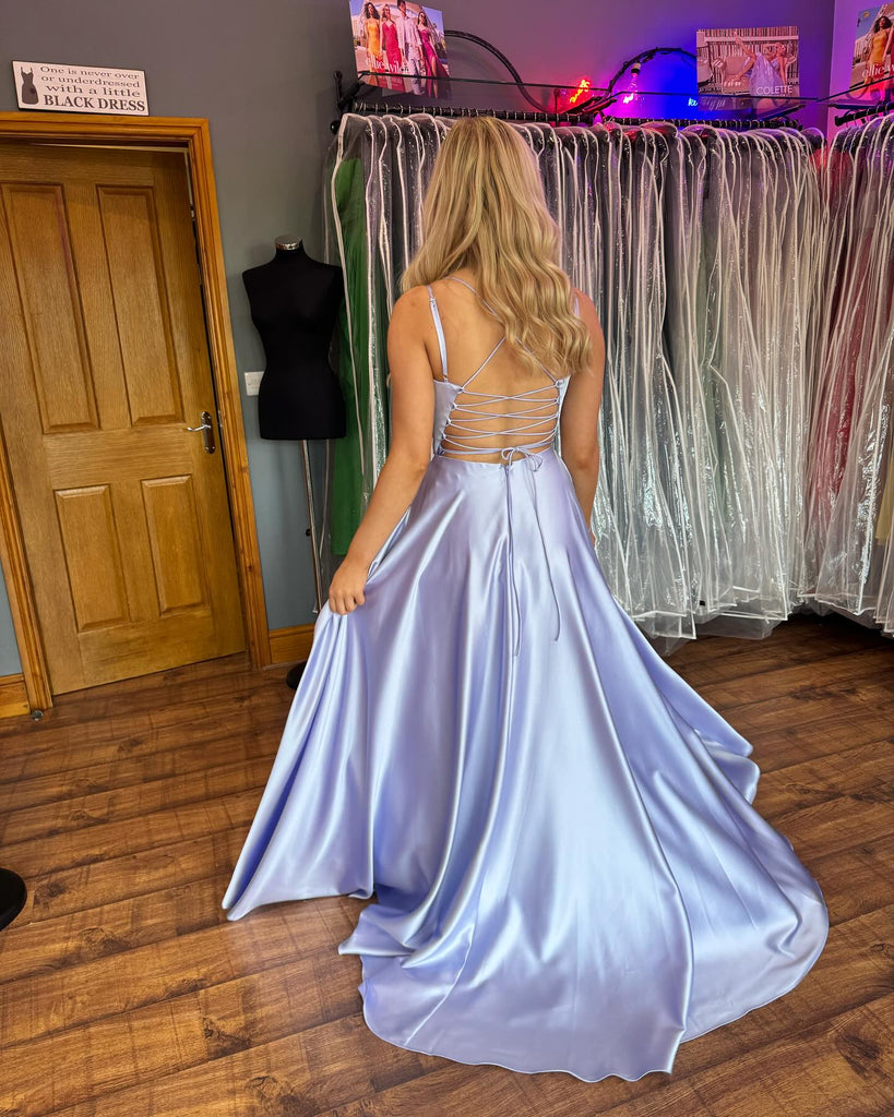 Elegant Spaghetti Straps A-line Satin Long Prom Dresses Online, OL363