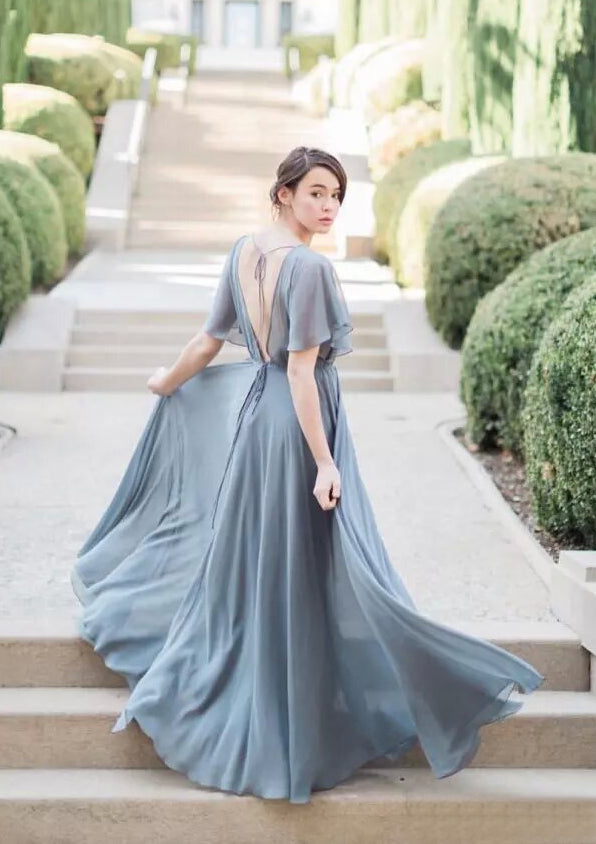 Elegant Chiffon Half Sleeves A-line Long Grey Bridesmaid Dresses Online, BG168