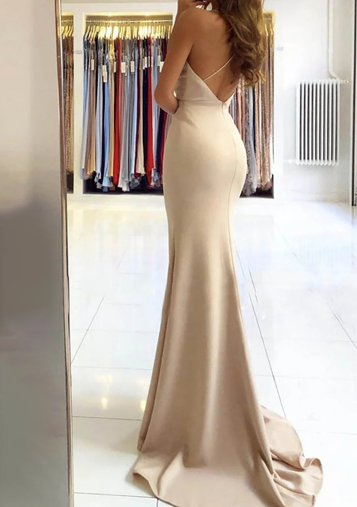 Elegant Spaghetti Straps V-neck Mermaid Jersey Taupe Long Evening Prom Dress, OL415