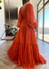 Gorgeous Long Sleeves V-neck Chiffon Orange Long Evening Prom Dress Online, OL408