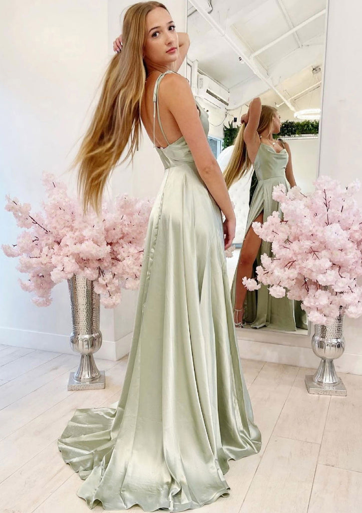 Elegant Spaghetti Straps A-line Side Slit Sage Long Evening Prom Dress, OL411