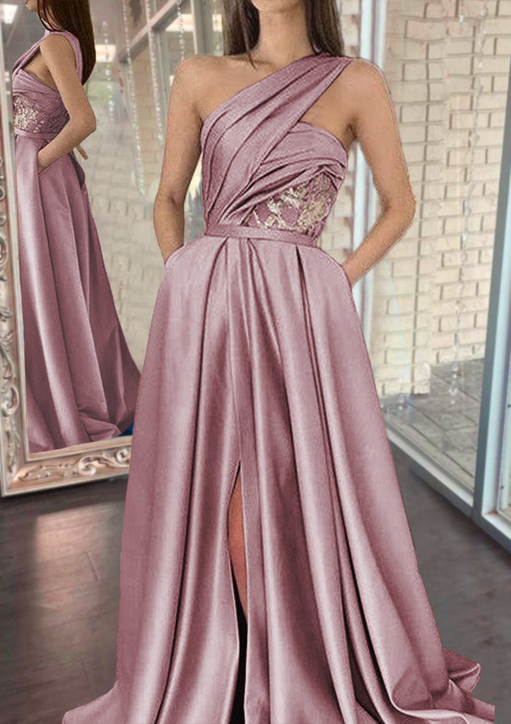 Gorgeous One Shoulder A-line Sleeveless Dusty Rose Evening Prom Dress with Side Slit, OL409