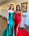 Elegant Sweetheart Mermaid Green Red Satin Long Prom Dresses with Side Slit, OL392