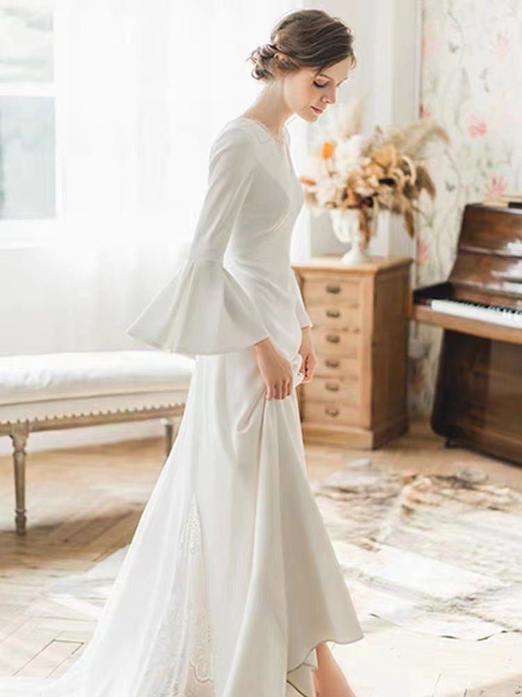 Elegant V-neck A-line Long Sleeves Backless White Wedding Dresses,WD811