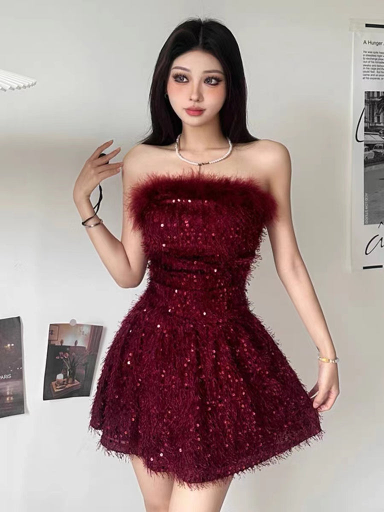 Sparkly Straight Neck A-line Sequins Burgundy Party Short Homecoming Dresses, CM021