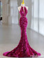 Elegant Fuchsia Mermaid v-neck Open-back Sequins Evening Prom Dress , OL458