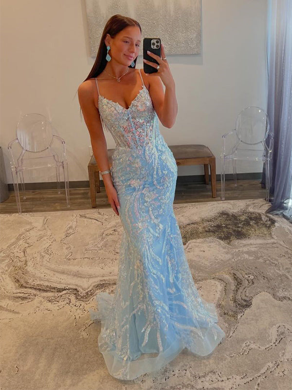 Sparkly Spaghetti Straps V-neck Mermaid Sequins Tulle Blue Prom Dresses, OL393