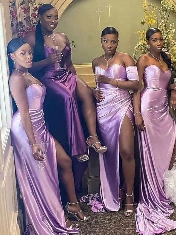 Mismatched Off the Shoulder Sweetheart Mermaid Lilac Satin Long Bridesmaid Dresses with Side Slit, BG164