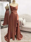Unique Burnt-Orange A-Line Spaghetti Straps Long Formal Prom Dress Online With Pleated Split, OL468