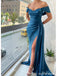 Popular Elegant Blue Mermaid Off the shoulder Open-back Evening Prom Dress with Side Slit, OL470
