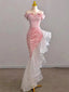 Elegant Off the Shoulder Mermaid Pink Velvet Prom Dresses with Beading, OL397