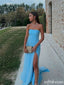 Simple Unique Mermaid Strapless Sleeveless Blue Long Evening Prom Dress with Side Slit, OL464